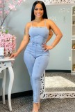 Summer Casual Light Blue Halter Bodycon Denim Jumpsuit