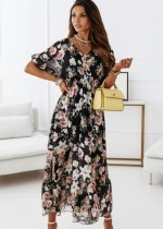 Summer Elegant Floral Black Wrap Long Dress