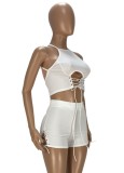 Summer Party White Lace Up Halter Crop Top and Shorts Set