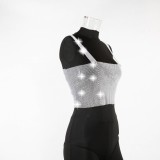 Summer Party Black Beaded Sexy Strap Crop Top