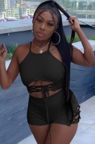 Summer Party Black Lace Up Halter Crop Top and Shorts Set