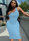 Summer Party Blue Sexy Cut Out One Shoulder Tank Dress