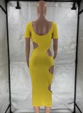 Summer Party Sexy Yellow Cut Out Ripped Midi Dress
