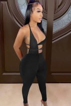 Summer Party Sexy Black Cut Out Halter Bodycon Jumpsuit