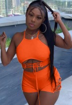 Summer Party Orange Lace Up Halter Crop Top and Shorts Set