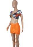 Summer Sexy Keyhole Print Crop Top and Ruched Mini Skirt Set