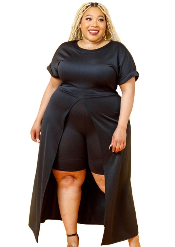 Autumn Plus Size Black Formal Front Slit Long Top and Shorts Set