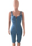 Summer Blue Denim Sexy Wide Strap Zipper Bodycon Rompers