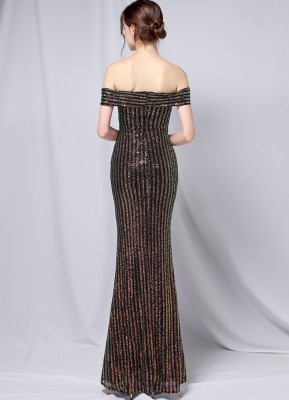 Summer Formal Black Sequins Off Shoulder Mermaid Evening Dress