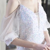 Summer Formal White Sequins Patch Strap Mermaid Evening Dress