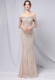 Summer Formal Gold Sequins Off Shoulder Mermaid Evening Dress