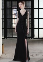 Summer Formal Black Chains Slit V-Neck Evening Dress