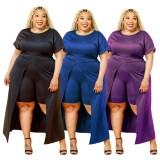 Autumn Plus Size Black Formal Front Slit Long Top and Shorts Set