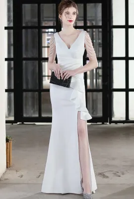 Summer Formal White Chains Slit V-Neck Evening Dress