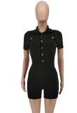 Summer Casual Black Button Up Short Sleeves Rompers