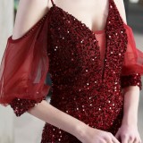 Summer Formal Red Sequins Patch Strap Mermaid Evening Dress