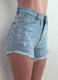 Summer Sexy Hollow Out High Waist Blue Denim Shorts