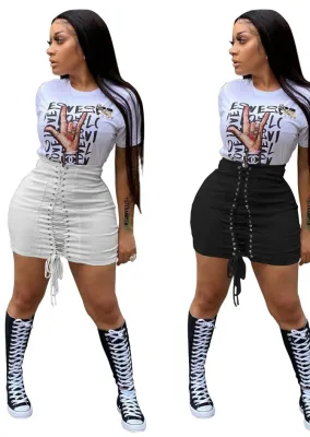 Summer Black Lace-Up High Waist Tight Mini Skirt