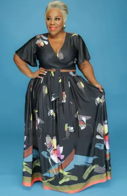 Summer Plus Size Floral Black Crop Top and Long Skirt Set