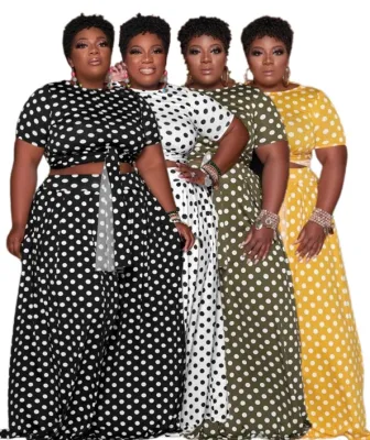 Summer Plus Size Polka Yellow Crop Top and Long Skirt Set