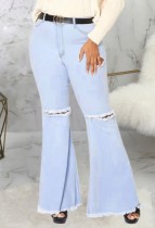 Autumn Plus Size High Waist Ripped Flare Jeans