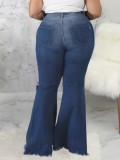 Autumn Plus Size High Waist Ripped Flare Jeans