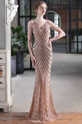 Summer Formal Gold Sequin Chains V-Neck Mermaid Evening Dress