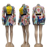 Autumn Print Retro Blouse and Matching Skirt Set
