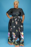 Summer Plus Size Floral Black Crop Top and Long Skirt Set