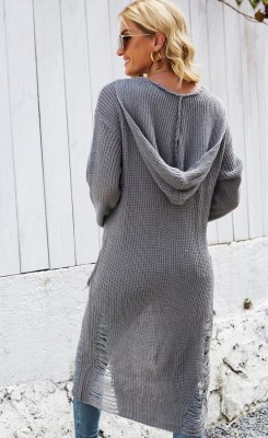 Autumn Grey Ripped Long Cardigans with Full Sleeves