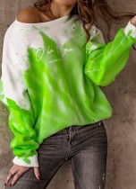 Autumn Print Green O-Neck Pullover Sweats