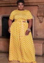 Summer Plus Size Polka Yellow Crop Top and Long Skirt Set