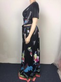 Summer Plus Size Floral Black Crop Top and Long Skirt Set