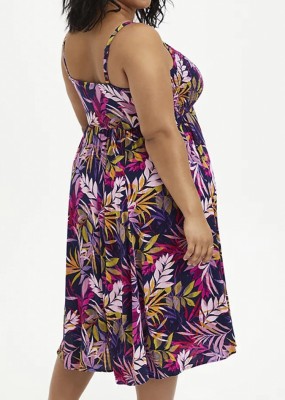 Summer Plus Size Print Floral High Waist Strap Skater Dress