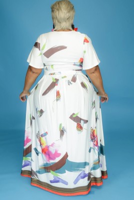 Summer Plus Size Floral White Crop Top and Long Skirt Set