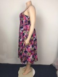 Summer Plus Size Print Floral High Waist Strap Skater Dress