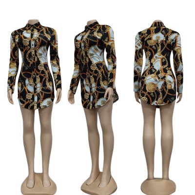 Autumn Print Retro Blouse Dress with Full Sleeves