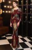 Autumn Formal Sequin Red O-Neck Long Sleeve Mermaid Evening Dress