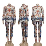 Autumn Print Retro Blouse and Matching Pants Set