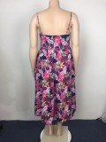 Summer Plus Size Print Floral High Waist Strap Skater Dress