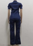 Autumn Puff Sleeve Front Zipper Denim Jumpsuit with Belt