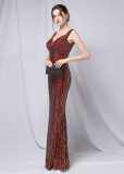 Summer Formal Red Sequin V-Neck Sleeveless Mermaid Evening Dress
