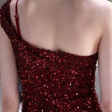 Summer Formal Red Sequin One Shoulder Slit Evening Dress