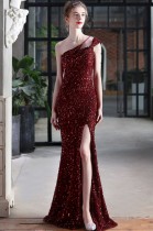 Summer Formal Red Sequin One Shoulder Slit Evening Dress