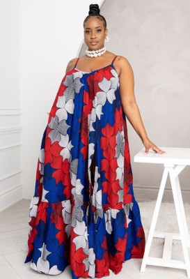 Summer Plus Size Casual Print Strap Slit Long Maxi Dress