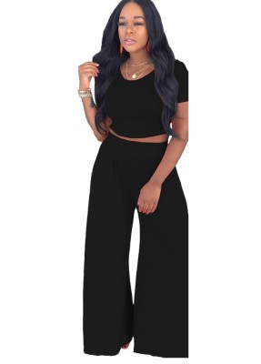 Summer Casual Black Crop Top and Loose Pants Set