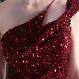 Summer Formal Red Sequin One Shoulder Slit Evening Dress