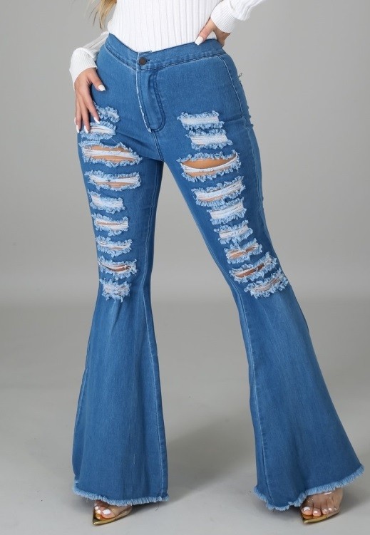 Autumn High Waist Ripped Blue Flare Jeans