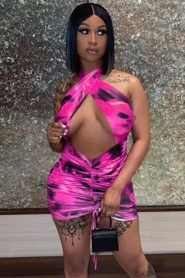 Summer Sexy Cut Out Print Ruched Halter Mini Club Dress