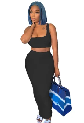 Summer Casual Black Sports Bra and Midi Skirt Set